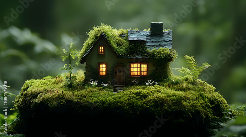 Miniature House in a Lush Green Forest Illustration