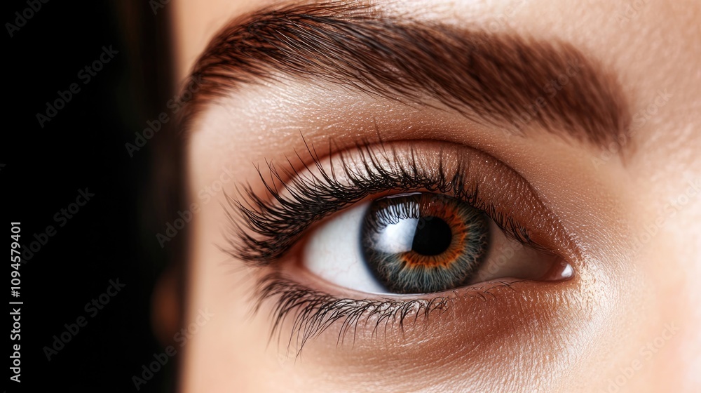 Close-up of a perfectly shaped eyebrow and eye with striking lashes, showcasing expert cosmetic makeup in a beauty salon setting. Close-up of a perfectly shaped eyebrow and eye with striking lashes, showcasing expert cosmetic makeup in a beauty salon setting.