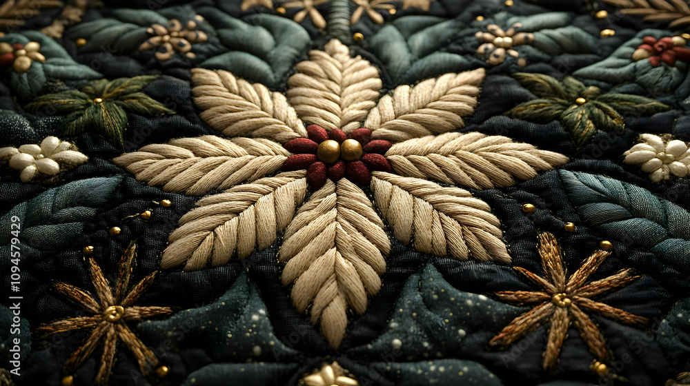 Embroidered Floral Pattern on Dark Fabric Embroidered Floral Pattern on Dark Fabric