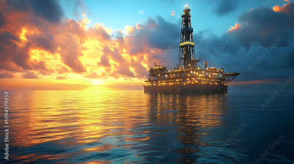 Oil Rig at Sunset - 3D Illustration Oil Rig at Sunset - 3D Illustration