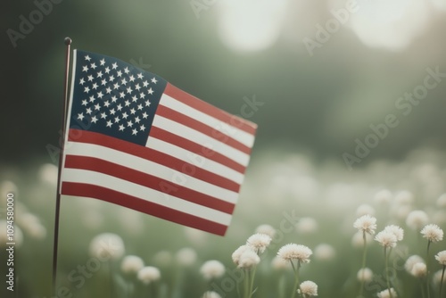 American flag waving gently with a soft snow backdrop during winter festivities