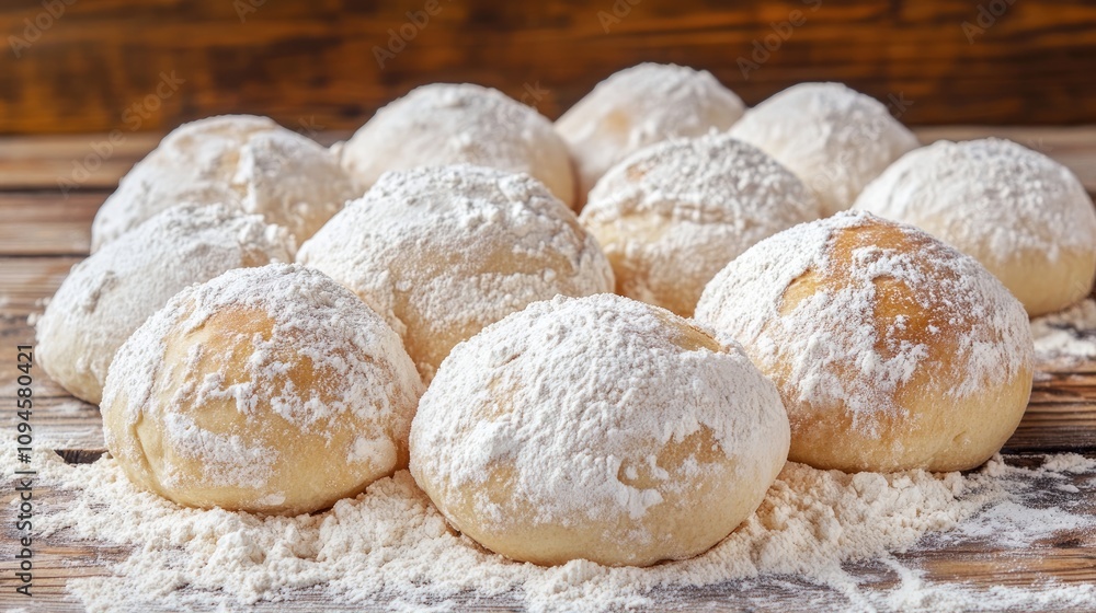 Freshly baked bread rolls dusted with flour on a rustic wooden surface, showcasing a warm and inviting culinary atmosphere. Freshly baked bread rolls dusted with flour on a rustic wooden surface, showcasing a warm and inviting culinary atmosphere.