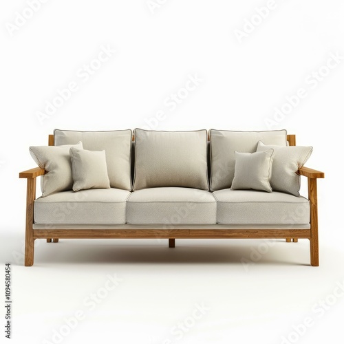 Stylish sofa with wooden frame and soft cushions, creating a cozy and inviting atmosphere for relaxation