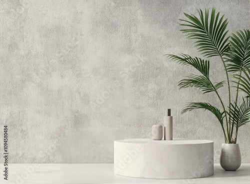 Minimalist decor featuring a vase and a natural element on a round pedestal