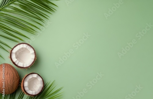 Coconut and tropical leaves arranged on a green background for a fresh and na...