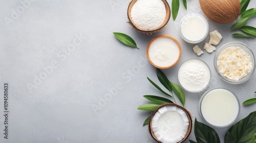 Variety of coconut products arranged with leaves and a whole coconut on a gra...