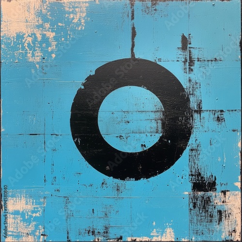 Abstract art composition emphasizing a textured black and white square on a w...
