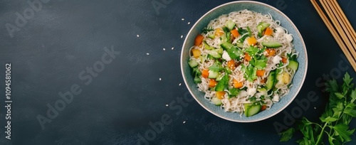 Colorful vegetable noodle bowl topped with sesame seeds and fresh herbs for a...