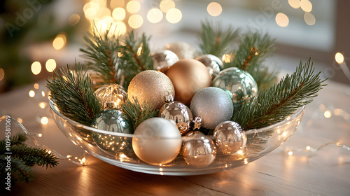 Baubles arranged in a glass bowl with pine branches and fairy lights.