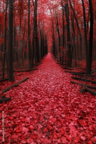 Vibrant red foliage creates a stunning path through the autumn forest in afte...