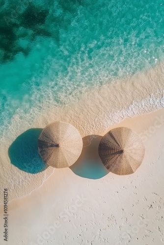 Relaxing beach view with umbrellas and calm water on a sunny day in a tropica...