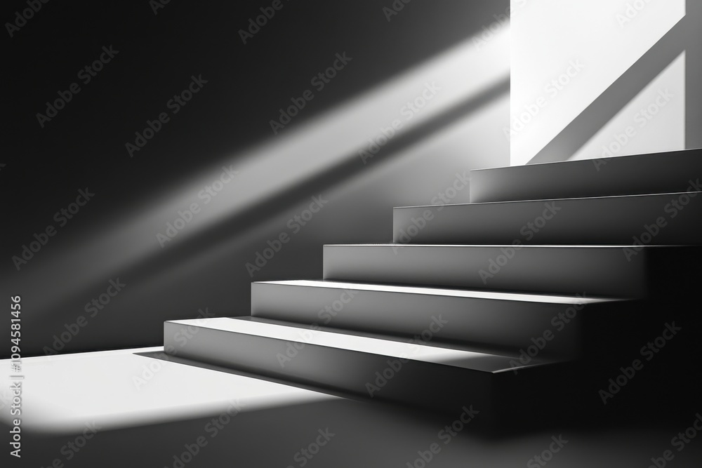 Obraz premium A minimalist staircase illuminated by contrasting light and shadow.