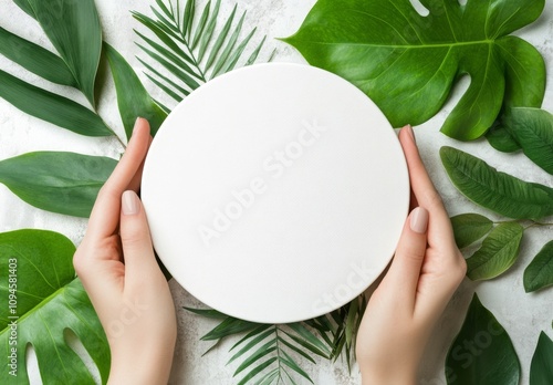 Circular white plate surrounded by vibrant green leaves on a light wooden sur...