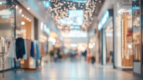 Illuminated billboard in a fashionable shopping mall corridor with blurred clothing displays and festive lights, emphasizing advertising potential in retail spaces