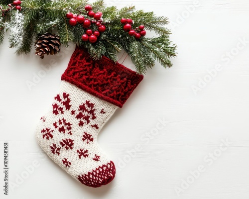 Handknitted Christmas stocking in red and white, festive home decor, on a white backdrop photo