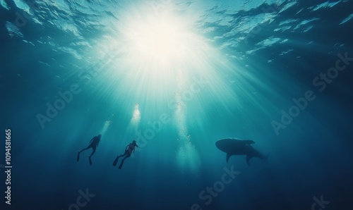Sharks swimming gracefully in deep blue ocean waters during calm daylight hours