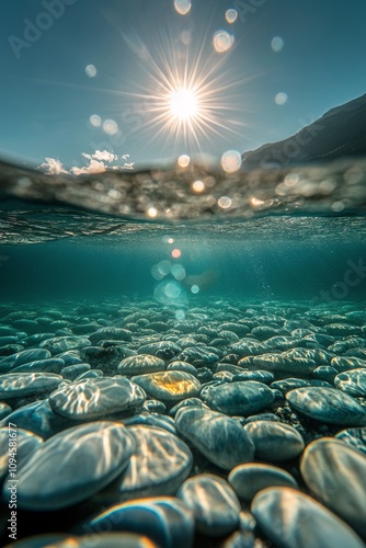 Sunlight dances on pebbles beneath clear water in a tranquil coastal environment