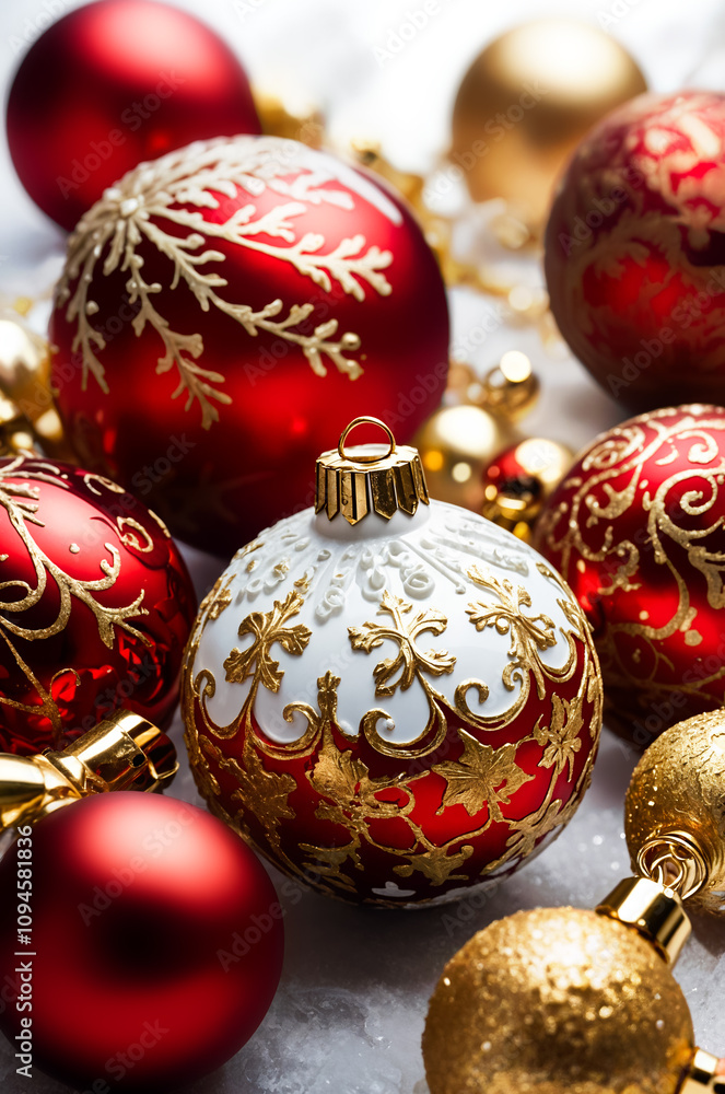 Red and gold christmas ornaments decorating for winter holidays Red and gold christmas ornaments decorating for winter holidays