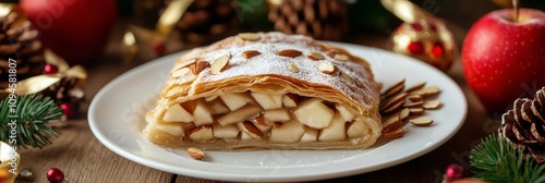 Festive apple strudel served on a plate surrounded by holiday decorations