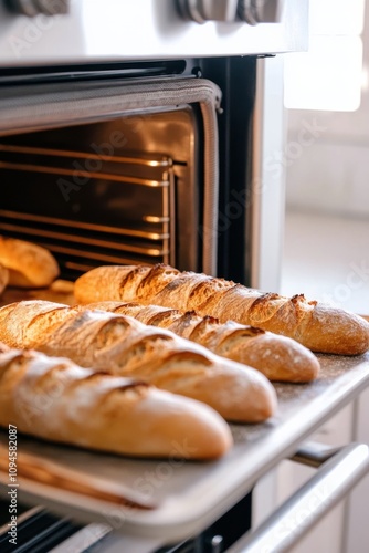 Freshly baked bread loaves rising in the oven at a cozy kitchen in the morning