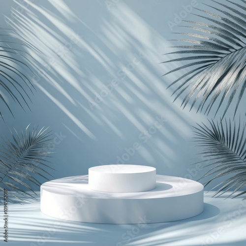 Modern display platform surrounded by tropical leaves and soft shadows in a l...