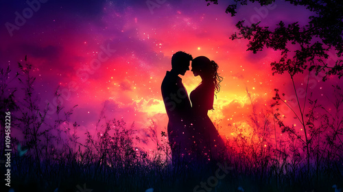 Silhouette Couple Under Starry Sky Illustration