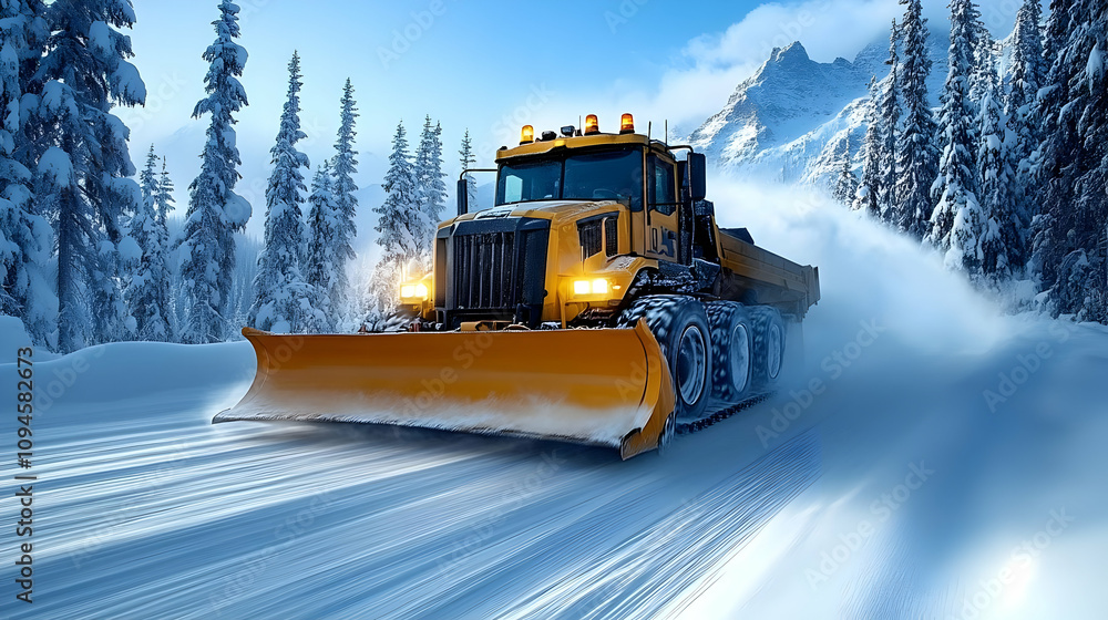 Snow Plow Truck Clearing Snowy Road - Realistic Image Snow Plow Truck Clearing Snowy Road - Realistic Image