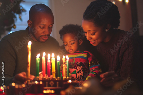 Kwanzaa, african holiday Kwanzaa with decoration of seven candles in red, black and green colors, vegetable harvest, corn. Greeting card banner. Happy Kwanzaa photo