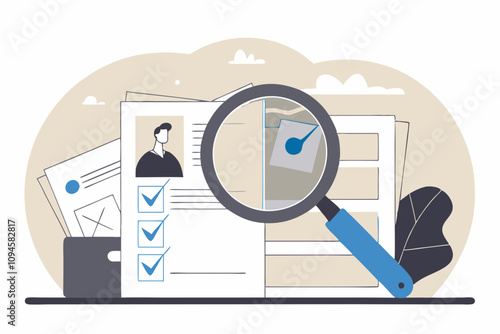 Inspect or review document, report or legal audit, quality assurance, search for document, information or research, investigate, proof or checking concept, businessman with magnifier inspects document