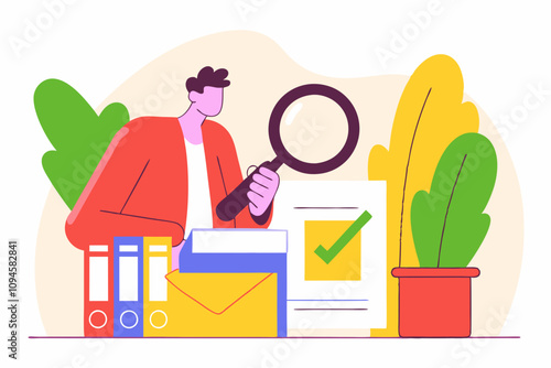 Inspect or review document, report or legal audit, quality assurance, search for document, information or research, investigate, proof or checking concept, businessman with magnifier inspects document