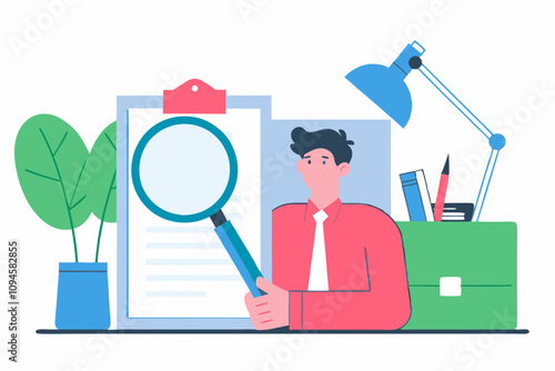 Inspect or review document, report or legal audit, quality assurance, search for document, information or research, investigate, proof or checking concept, businessman with magnifier inspects document