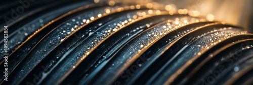 Water droplets glisten on palm fronds in a lush tropical environment during e...