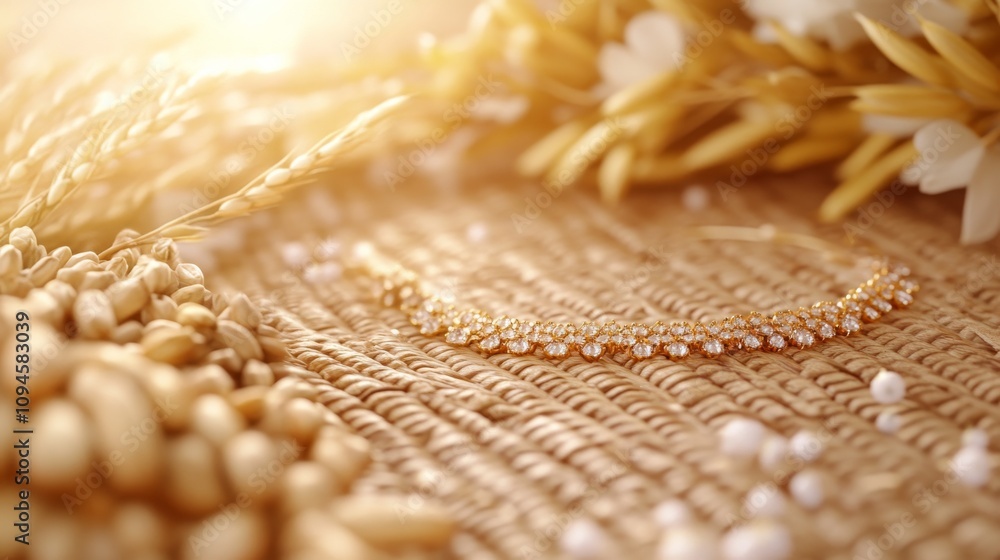 a close-up of traditional Kirati jewelry placed on a woven mat, surrounded by symbolic grains and flowers for Udhauli Parva, with ample copy space for text, captured in soft indoor light using a close-up of traditional Kirati jewelry placed on a woven mat, surrounded by symbolic grains and flowers for Udhauli Parva, with ample copy space for text, captured in soft indoor light using
