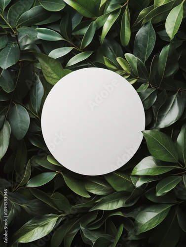 Circular blank space surrounded by fresh green leaves on a light background i...