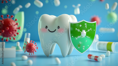 Adorable 3D tooth character with a shield, symbolizing dental protection and oral health. Bright and cheerful design, perfect for promoting dentistry or health awareness.