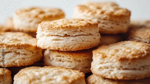 Close-up of golden freshly baked biscuits stacked perfectly, showcasing flaky layers and a tempting texture against a clean white background.