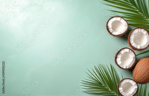 Coconuts and tropical leaves arranged on a light blue background for a fresh summer feel