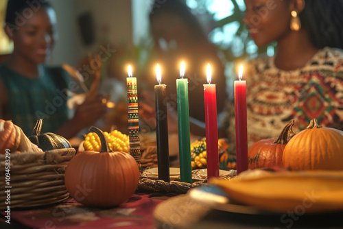 Kwanzaa, african holiday Kwanzaa with decoration of seven candles in red, black and green colors, vegetable harvest, corn. Greeting card banner. Happy Kwanzaa photo