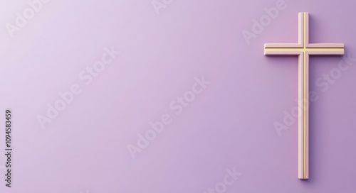Simple wooden cross on a soft purple background, symbolizing faith and spirit...