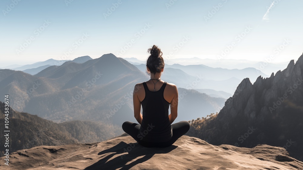 a woman sitting on a mountain peak with a panoramic view, empty space on the right side, Soft Natural Light,generative ai illustration a woman sitting on a mountain peak with a panoramic view, empty space on the right side, Soft Natural Light,generative ai illustration