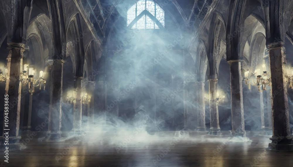 Naklejka premium Mysterious Abstract Renaissance Gothic Hall with Soft Light and Smoky Shadows, Echoing in an Expansive, Dark, and Empty Space, Creating a Timeless, Ethereal Atmosphere with Majestic Details