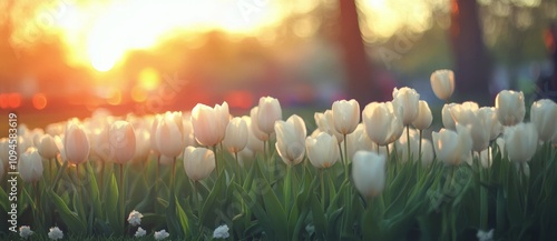 Beautiful white tulips blooming under a sunset in a tranquil garden setting
