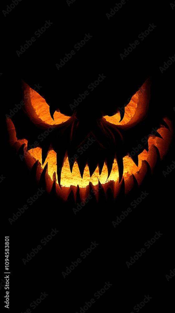 Fototapeta premium Halloween pumpkin with spooky glowing face