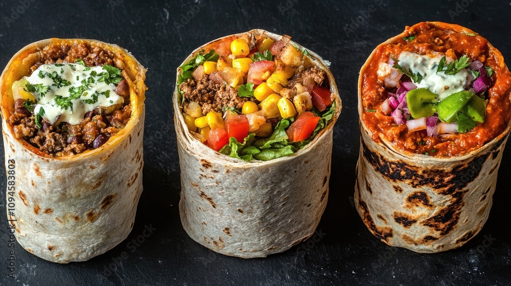 Four distinct burritos showcasing a variety of vibrant ingredients, including meats, fresh vegetables, and creamy toppings, arranged on a dark background. Four distinct burritos showcasing a variety of vibrant ingredients, including meats, fresh vegetables, and creamy toppings, arranged on a dark background.