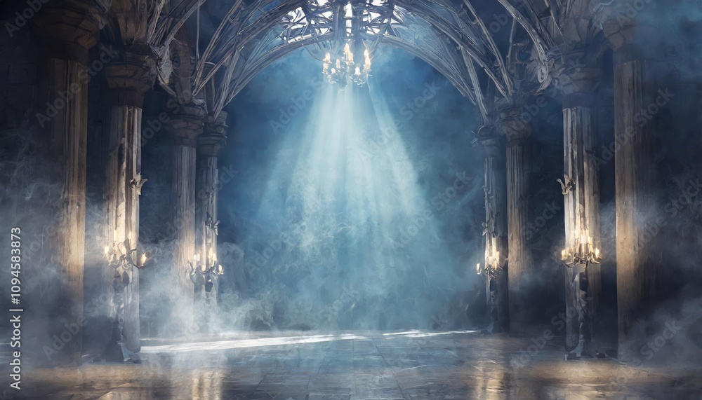Atmospheric Abstract Renaissance Hall with Gothic Architecture, Dark Mystique, Dramatic Lighting, and Smoky Ambiance Capturing an Empty Grand Space Evoking Elegance and Timeless Intrigue Atmospheric Abstract Renaissance Hall with Gothic Architecture, Dark Mystique, Dramatic Lighting, and Smoky Ambiance Capturing an Empty Grand Space Evoking Elegance and Timeless Intrigue