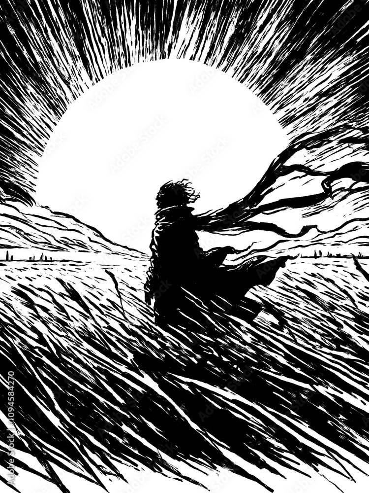 Fototapeta premium A black-and-white illustration of a person walking through a field at sunset.