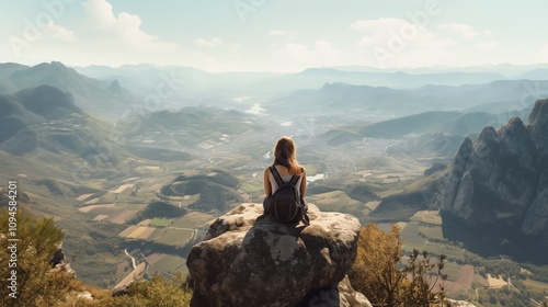 a woman sitting on a mountain peak with a panoramic view, empty space on the right side, Soft Natural Light,generative ai illustration