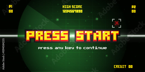 PRESS START INSERT COIN TO CONTINUE Airport Air Traffic Control Radar Screen.Retro 8 bit game screen background.