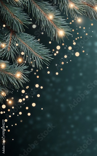 Twinkling festive lights and evergreen branches create a cozy holiday atmosphere