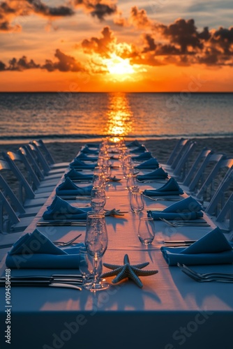 Elegant beachside dinner setup at sunset with decorated tables and coastal sc...